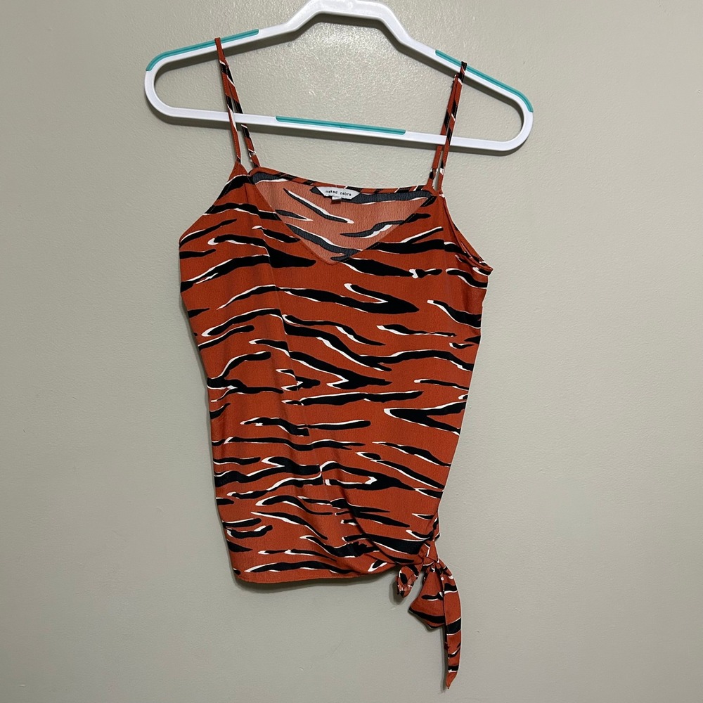 Naked Zebra Camisole Tank Top M Orange Black Tiger Spaghetti Strap Tie Front